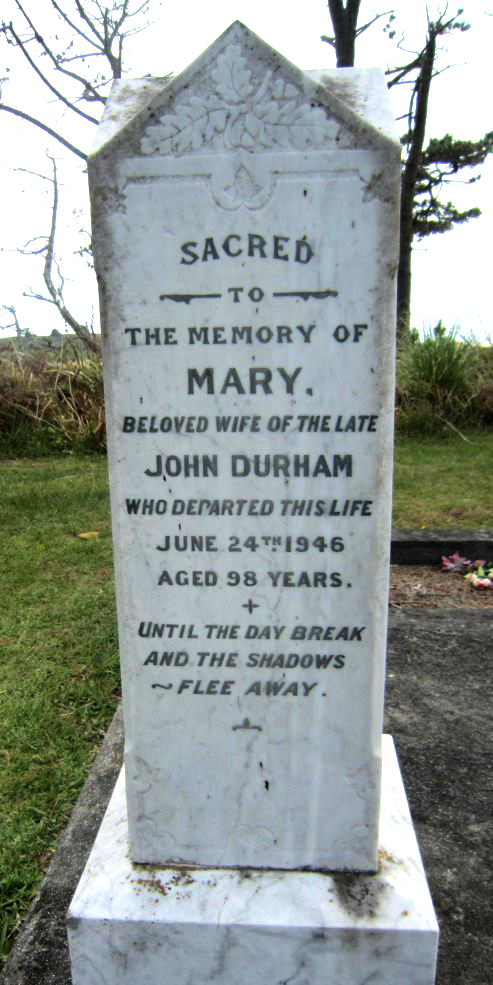Photo of headstones/Mary Durham nee McLennan d1946 hdstn Waipu